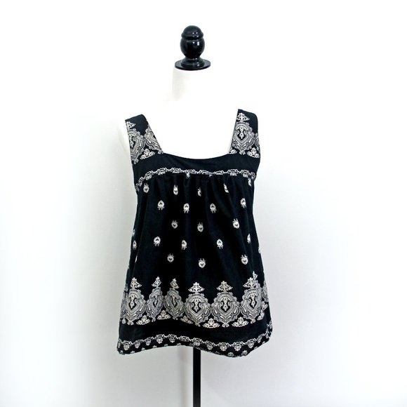 Vintage Sleeveless Top 100% Cotton Loose Fit Black and White Paisley - Picture 1 of 7